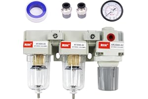 RIH Pneumatics Compressed Air Double Filter & Regulator, Air Drying System, Air Compressor Water Separator, Semi -Auto Drain,