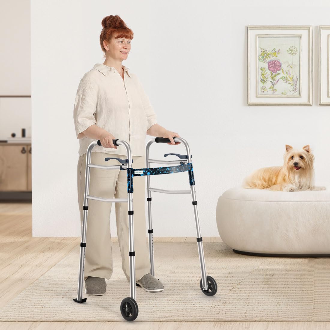 OasisSpace Compact Folding Walker, with Trigger Release and 5 Inches Wheels for The Seniors [Accessories Included] Narrow Lightweight Supports up to 350 lb