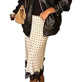 Satin Lace Long Polka Dot Skirt for Women Lace Trim Silk Midi Skirt Vintage Elegant Flowy Pencil Long Skirts