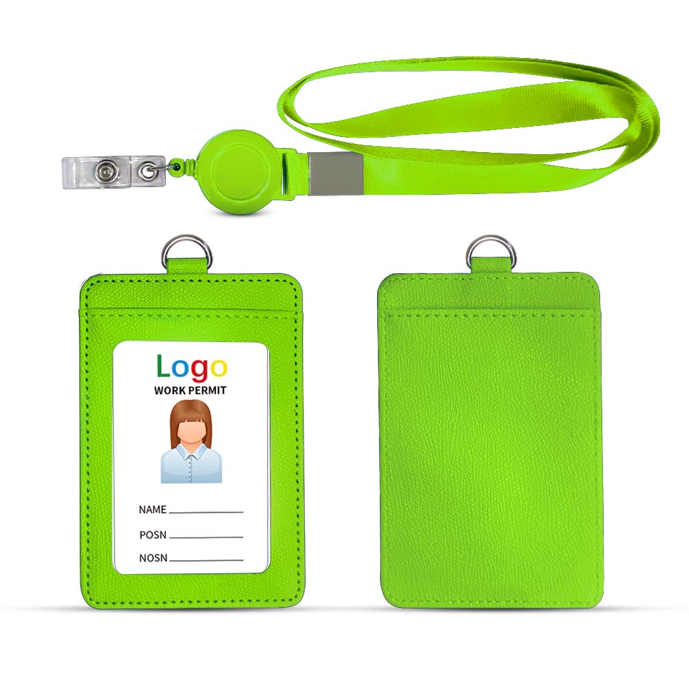 HYCOPROT ID Badge Holder 2-Sided Pu Leather with 1 Id Window and 1 Card Slot and 1 Piece 34.8 Inch Detachable Neck Lanyard id Card Holder for Office School Business Travel Student (Green, Vertical)