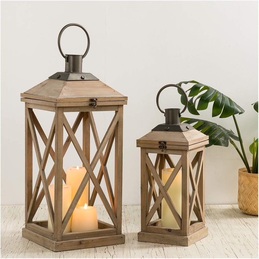 Glitzhome Mondern Farmhouse Wood Metal Lanterns Decorative Hanging Candle Lanterns Set of 2, Grey (No Glass): Kitchen & Dining