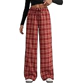 LifeShe Women Tartan Plaid Print Pants Drawstring Elastic Waist Baggy Trousers Casual Pajama Pants