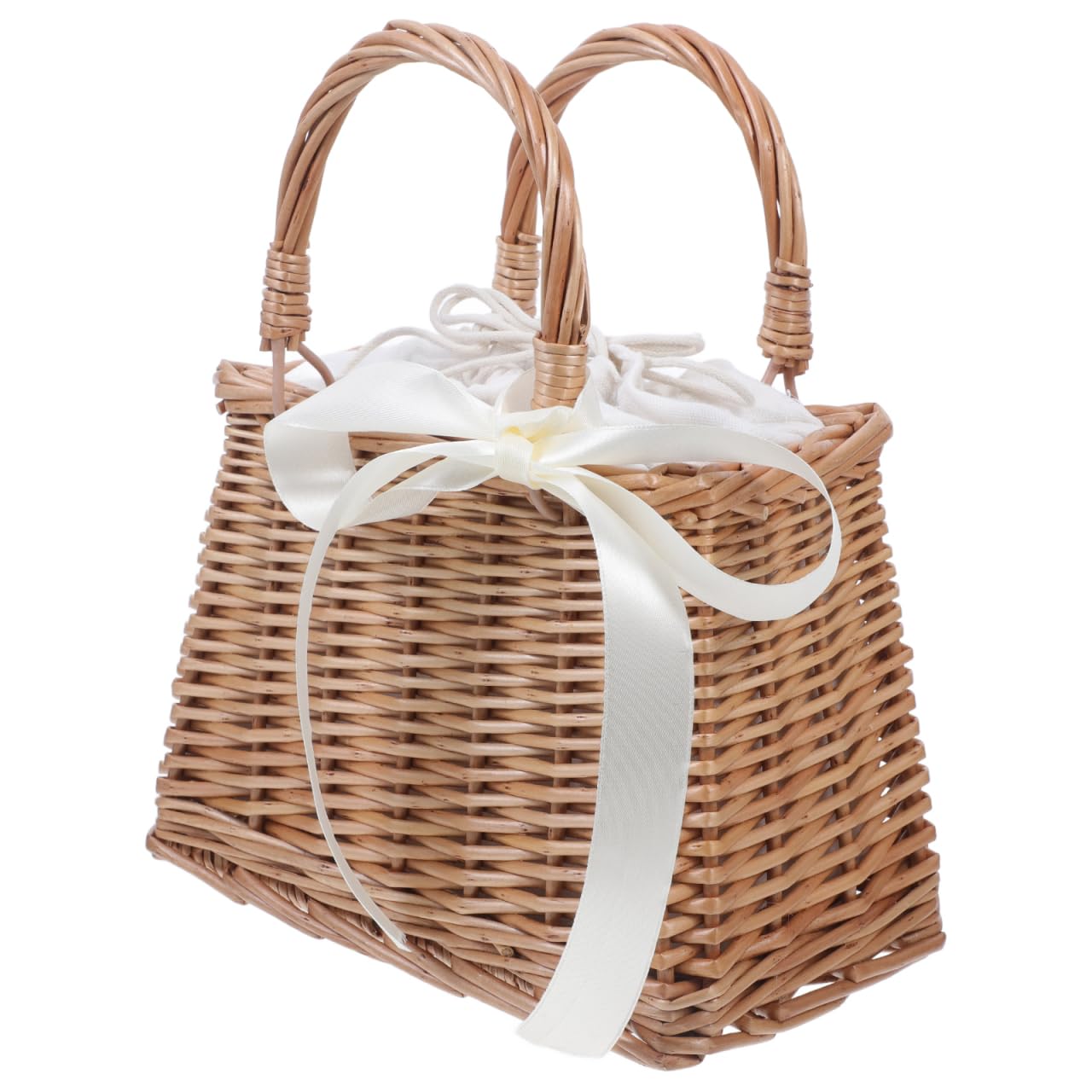 TOVINANNA Small Rattan Handbag, Woven Flower Basket with Cotton Liner for Home Decor, Rustic Storage Tote for Wedding, Garden and Picnic, Handmade Wicker Purse with Handle-White Ribbon