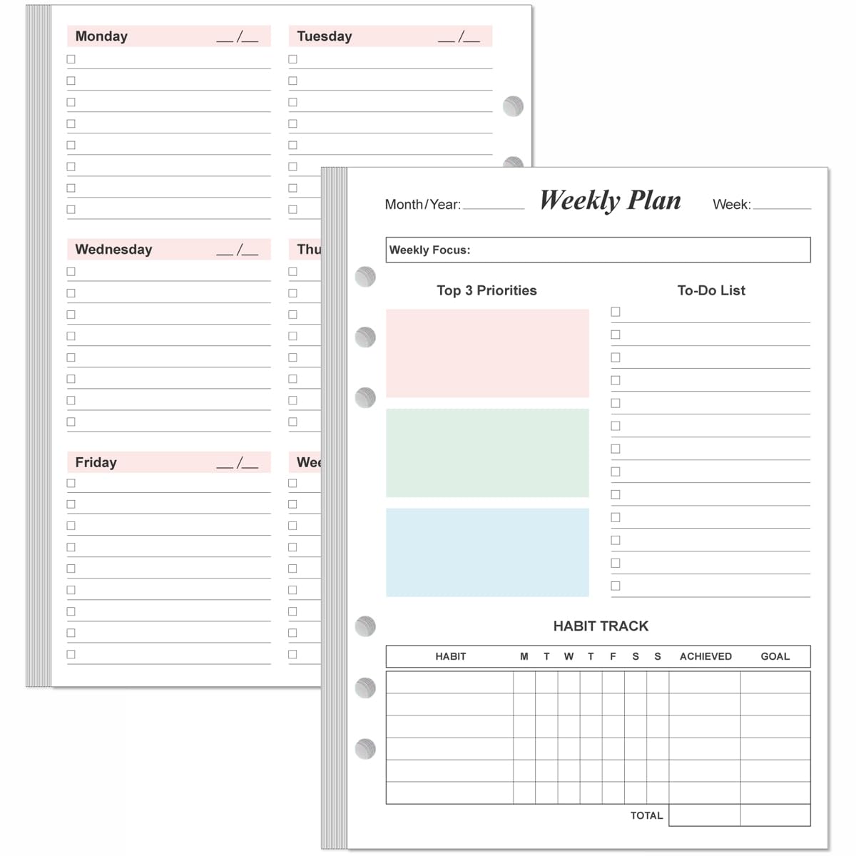 Photo 1 of Weekly Planner Refills for A5 Binders - 53 Sheets/106 Pages Undated Colorful Weekly Planner, 6-Hole Punched, 100 gsm White Paper, Lasts 1 Year, Undated, 5.8" x 8.3"