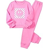WDIRARA Girl's 2 Piece Sweatsuit Sets Checkered Smile Face Long Sleeve Sweatshirt and Sweatpants Set