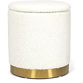 Joveco Boucle Round Ottoman with Storage,Vanity Stool with Storage for Bedroom, Ottoman Coffee Table,Small Boucle Foot Stool for Living Room, White with Gold Plating Base