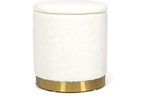 Joveco Boucle Round Storage Ottoman with Removable Lid, Small Upholstered Foot Rest Stool with Gold Plating Base, for Dorm Living Room Bedroom, White