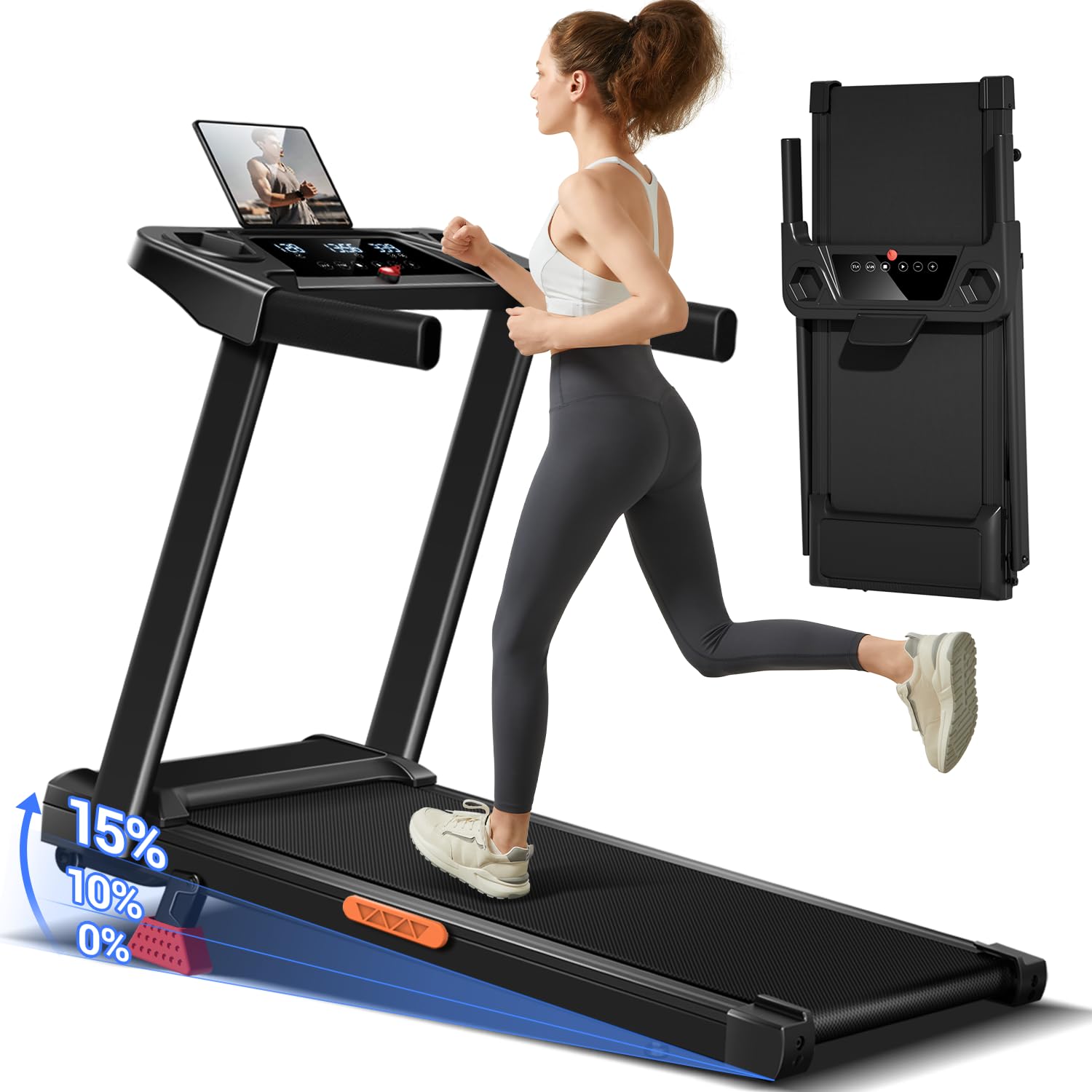 Photo 1 of 3-in-1 Treadmill with 15% Incline, Portable Treadmills for Home with Handle, Foldable Treadmills with 300 Lbs Weight Capacity, 3.0HP Quiet Walking Pad Treadmill, Three Touch Screen