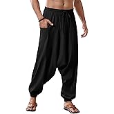 Runcati Mens Harem Pants Baggy Hippie Casual Cotton Linen Loose Boho Yoga Beach Drop Crotch Trouser