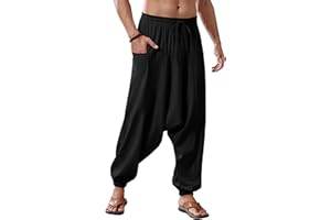 Runcati Mens Harem Pants Baggy Hippie Casual Cotton Linen Loose Boho Yoga Beach Drop Crotch Trouser
