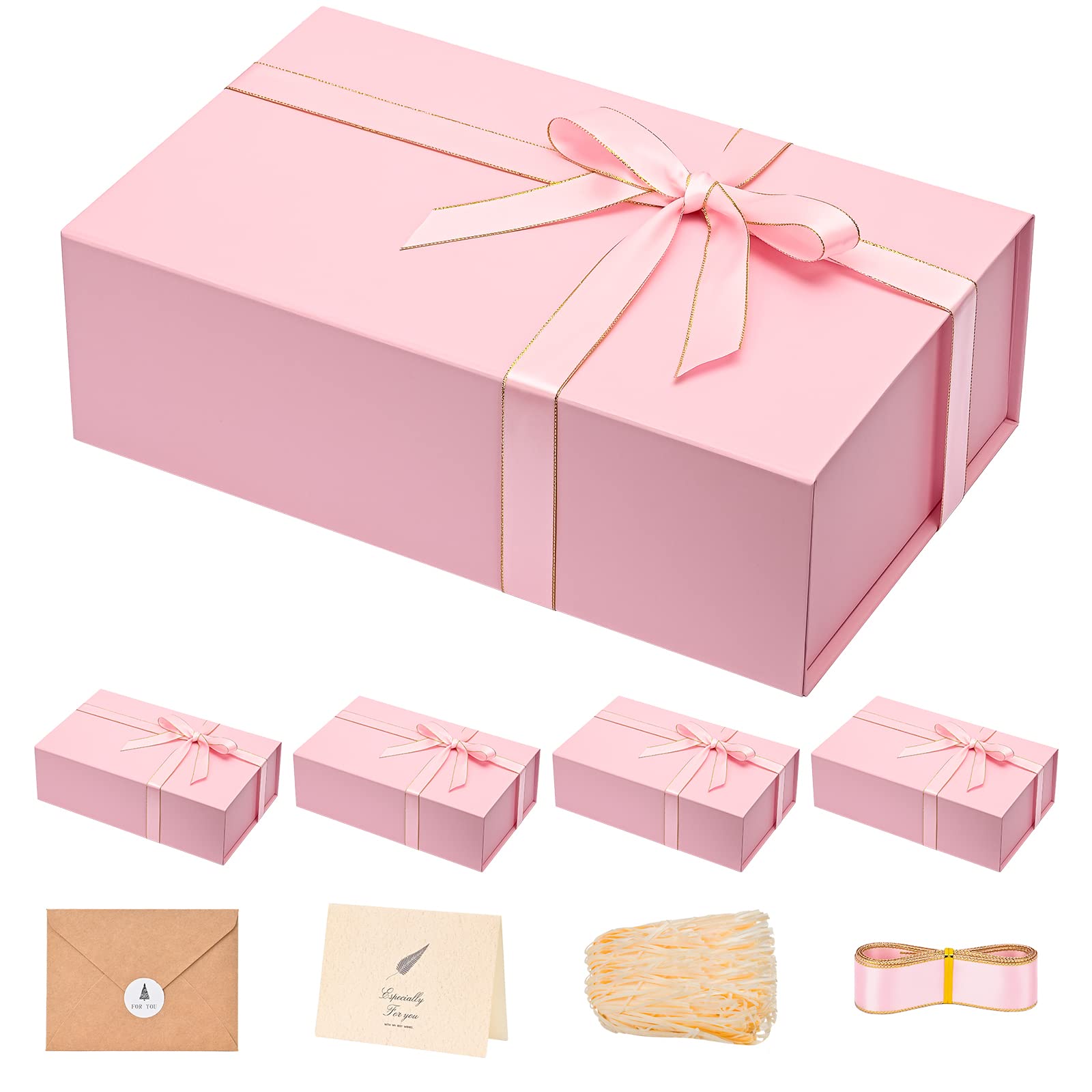 LIFELUM Pink Gift Boxes with Lids for Presents 5 Pack 13.85x8.35x4.45 Inch Gift Boxes with Ribbon,Card,Shredded Paper Filler Magnetic Gift Box for Wedding Gifts Image