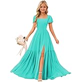 wyxis Short Sleeve Junior Bridesmaid Dresses Chiffon Flower Girls Dress for Wedding A Line Girls Pageant Gown