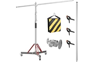 LOMTAP C Stand with Boom Arm, Stainless Steel Photography Heavy Duty Light Stand, 10ft/3m Adjustable Height, Mobile Wheeled Base with Spring Buffer for Studio Equipment