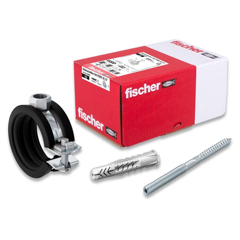 fischer Pipe Clamp Set FGRS 32-37 gvz, Pipe Clamp Set with 30 Pieces: 10 Pieces Joint Pipe Clamps FGRS 32-37, 10 Pieces Hanger Bolt ST8x80, 10 Pieces Universal Dowels UX10x60, Item No. 547059, Black