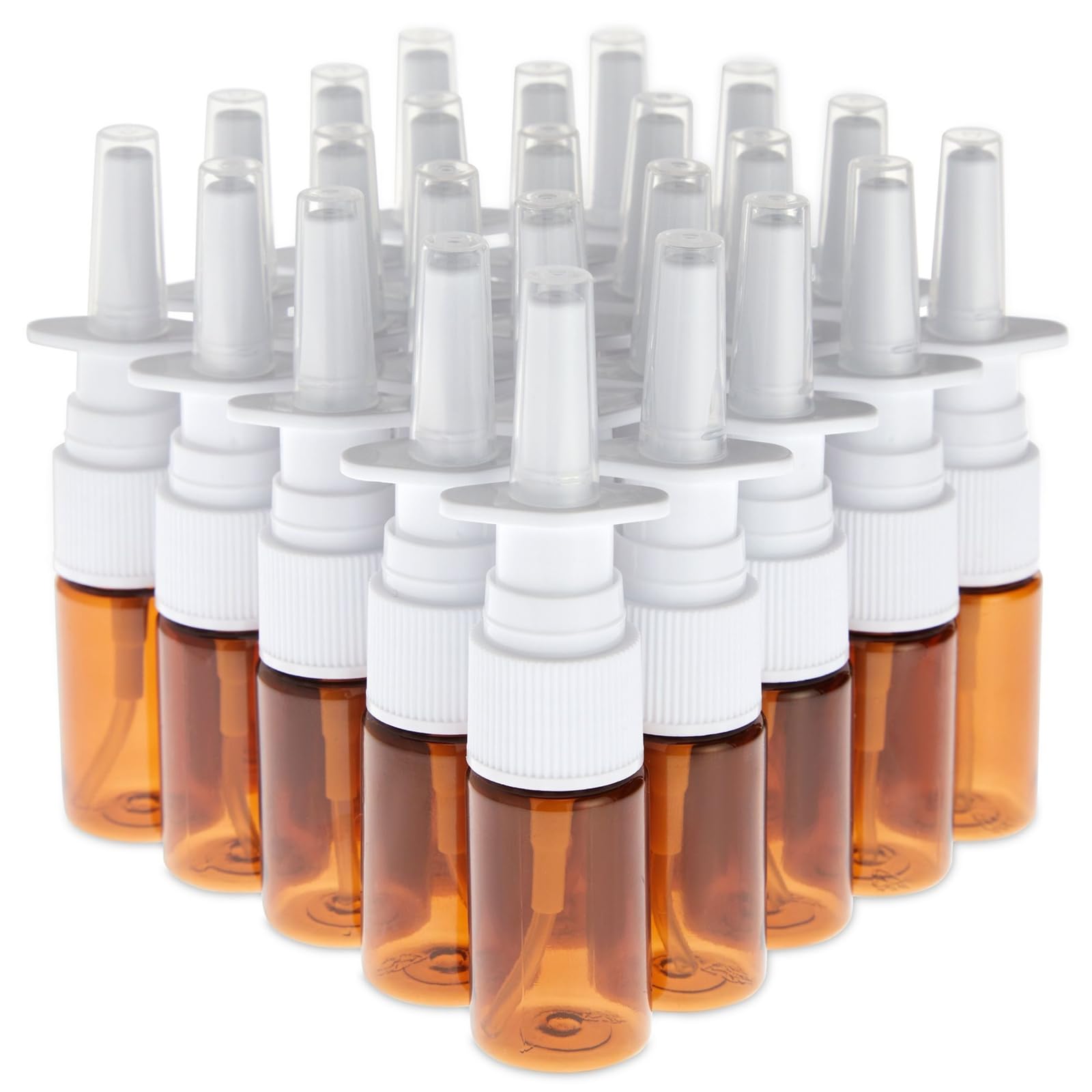 Bright Creations Bulk Nose Spray Bottles - 0.35 fl oz (10 ml) Amber Refillable Plastic Nasal Sprayers - 24-Pack - Fine Mist Caps for Travel & Cosmetic Use