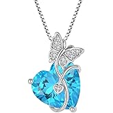 FJ Butterfly Necklace 925 Sterling Silver Love Heart Pendant Necklace Birthstone Jewelry for Women