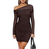 REORIA Women's Sexy Off Shoulder Long Sleeve Ruched Bodycon Mini Dress Mesh Sheer Cocktail Club Party Fall Dresses 2025