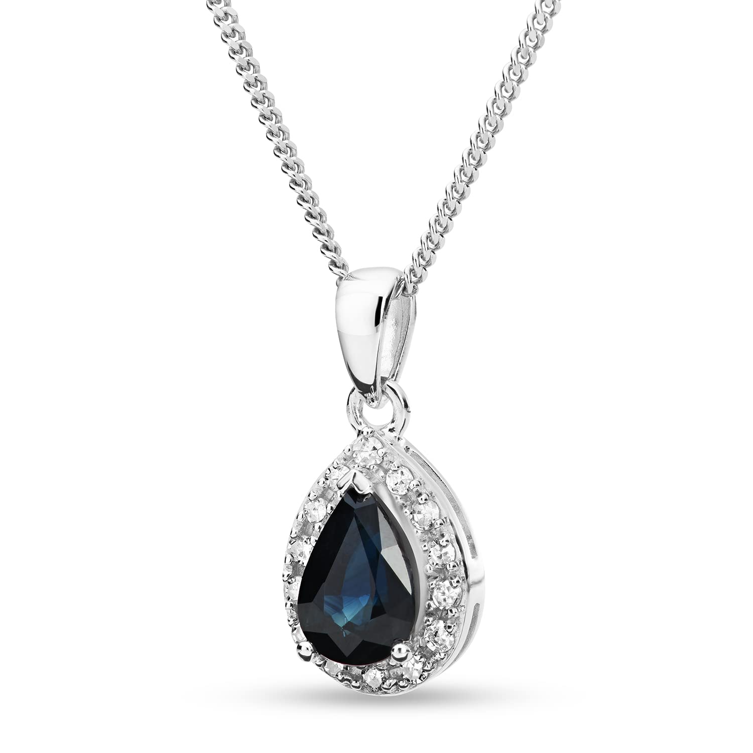 MIORE diamonds and sapphire necklace in 9 karat 375 white gold pear pendant with pavé natural diamonds 0.07 carat with natural blue sapphires 0.50 carat, chain length 45 cm