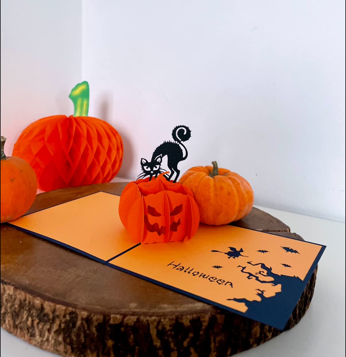 Halloween Spooky Pumpkin Black Cat Pop Up 3D card. A Delightful halloween surprise greeting card gift for kids, children and family. For halloween decor, parties and trick or treating 12cmx12cm
