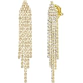 SELOVO Sparkly Prom Rhinestone Tassel Drop Dangling Clip On Earrings Gold Tone
