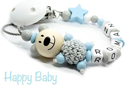 Attache Sucette Personnalisee Pour Fille Et Garcon Ours Etoile Gris Attache Tetine Avec Nom Plusieurs Modeles Chaine De Tetine Unique Pour Bebe Attaches Sucettes Sucettes Et Anneaux De Dentition