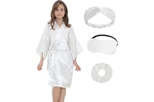 EPLAZA Kids Girls Satin Robe with Hair Band Eye Mask for Birthday Spa Bridal Party Flower Girls Wedding Robes Kimono