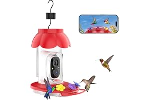 GYOZOL Smart Hummingbird Feeder with Camera, AI Identify Bird Breed,1080P Live Bird Watching Instant Notifications,Ant and Bee Proof,3 Color Feeding Ports,Hanging on Porch Patio(21 Ounces)