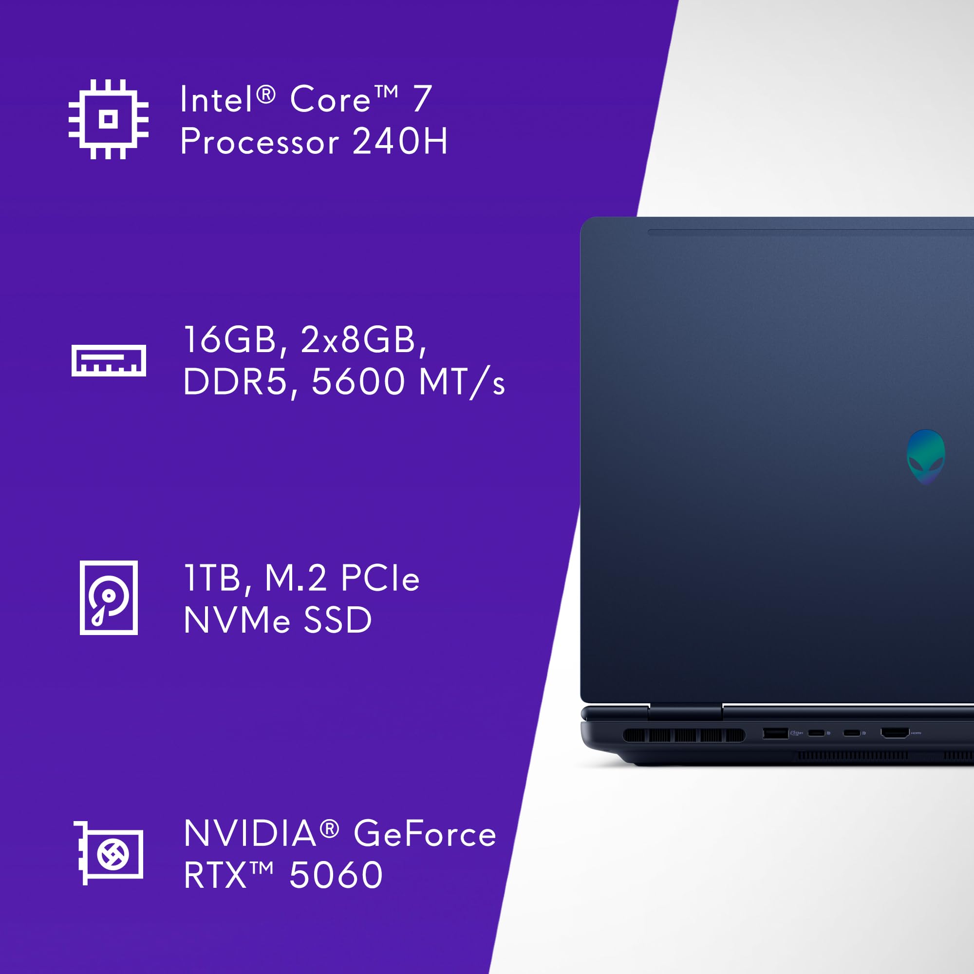 Alienware 16 Aurora Laptop AC16250-16-inch 16:10 WQXGA Display, Intel Core 7-240H Series 2, 16GB DDR5 RAM, 1TB SSD, NVIDIA GeForce RTX 5060 8GB GDDR7, Windows 11 Home, Onsite Service - Blue