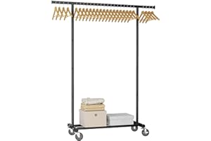 HYSEYY Clothing Rack for Hanging Clothes: Rolling Coat Racks Portable Garment Closet Rack with Wheels Freestanding Wardrobe Sturdy Metal Shelf Black for Bedroom Laundry Room