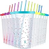 Meoky Color Changing Cups with Lids and Straws - 12 Pack 24oz Reusable Plastic Tumblers for Kids and Adults, Confetti Color C