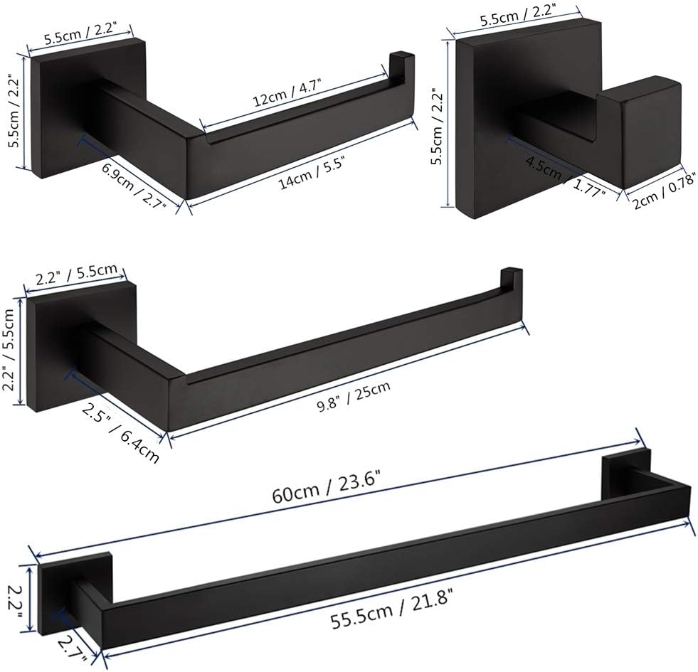 VELIMAX Premium Stainless Steel 4 Pieces Bathroom Hardware Accessories Set Wall Mounted Towel Bar Set, Matte Black, 23.6-Inch: Home & Kitchen