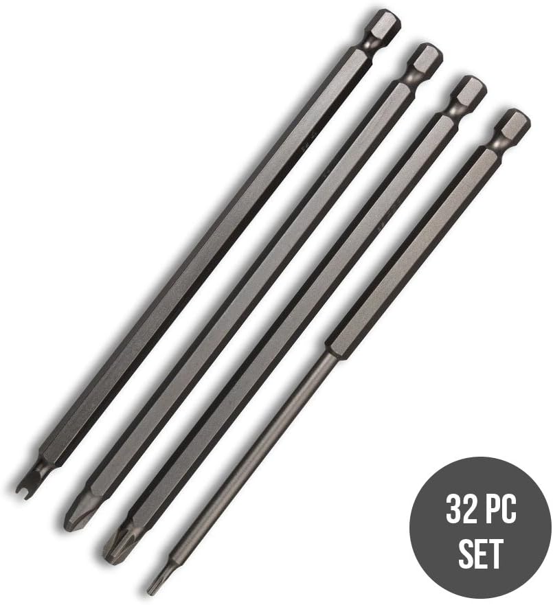 Neiko 10224A Extra Long Security Power Bit Set, 32 Piece | 1/4" Shank, 6" Length | Premium S2 Steel - Long Drill Bit Set - 