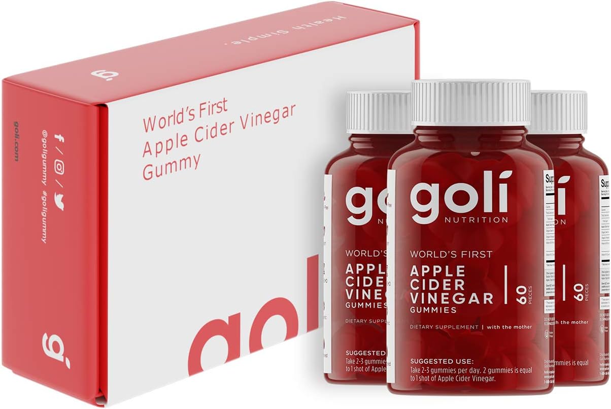 World's First Apple Cider Vinegar Gummy Vitamins by Goli Nutrition - Immunity, Detox & Weight (3 Pack, 180 Count, with The Mother, Gluten-Free, Vegan, Vitamin B9, B12, Beetroot, Pomegranate): Health & Personal Care