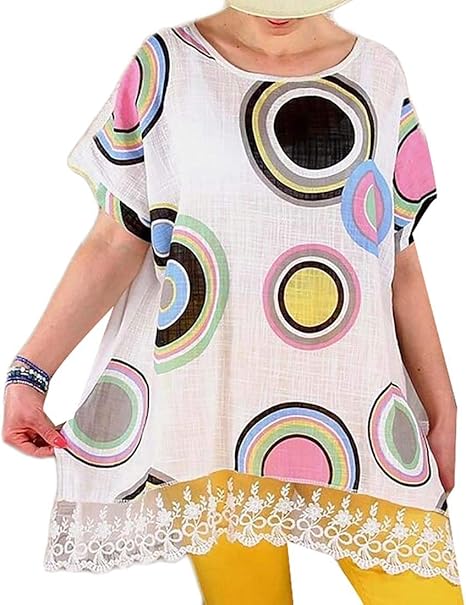 Amazon Keaac レディーストップス半袖レーストリムoネックaラインカジュアルプリントチュニック White Xs Tシャツ カットソー 通販