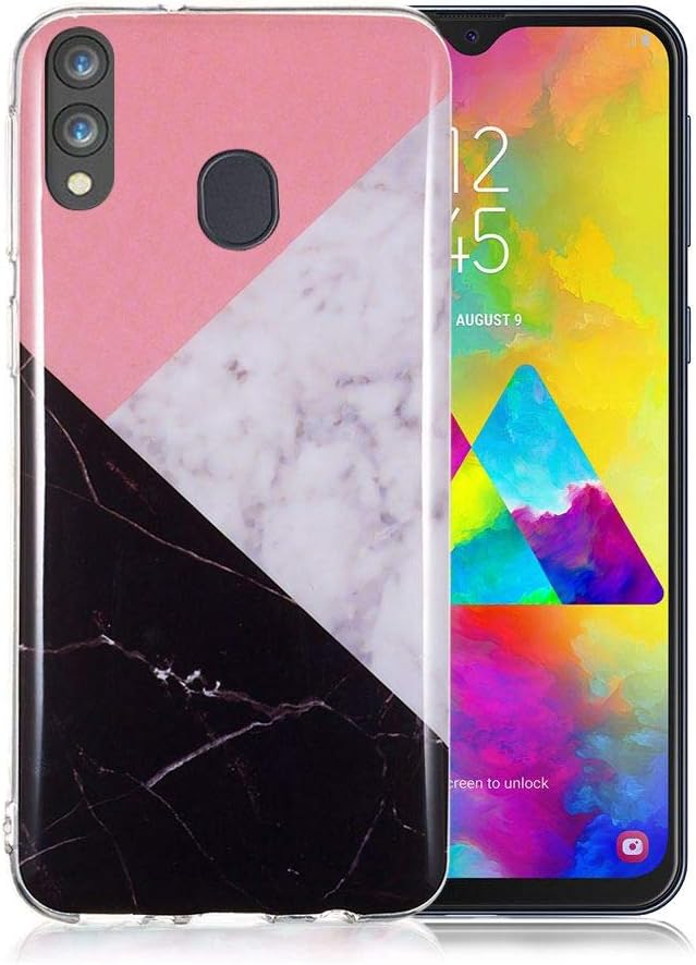 Marble Phone Case for Samsung Galaxy M20, Silicone Case Marble Pattern Ultra Slim Transparent Anti-Scratch TPU Soft Gel Case Cover Bumper Protective Rubber Shell- Pink-White-Black