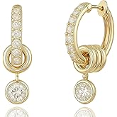 14K Gold Plated Hoop Earrings With Dangling Crystal Charm, Diamond Accent Huggie Hoops Earrings