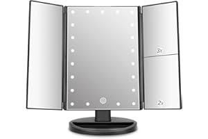 deweisn Tabletop Mount Trifold Lighted Vanity Mirror with 21 LED Lights, Touch Screen and 3X/2X/1X Magnification, Two Power Supply Mode Make up Mirror,Travel Mirror