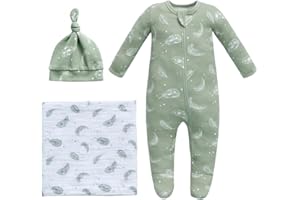 Owlivia Organic Take Me Home Outfit Set, Newborn Baby Boy Girl Footed Pajama Hat and Muslin Blanket Gift Set,3 Pcs