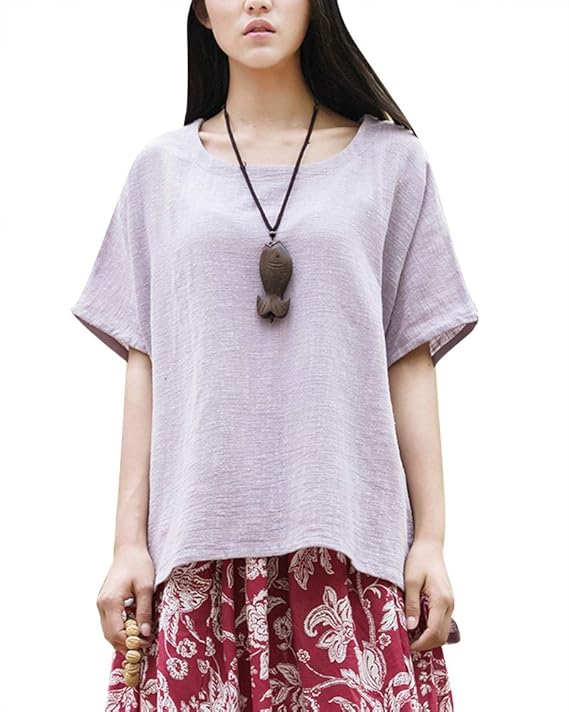 Women's Loose Linen Tee Shirt Crew Neck Half Sleeve Tops Purple Amazon