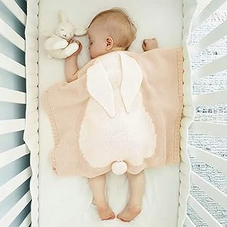 Surplex Baby Strickdecke, Kinderwagen im Freien Kinderdecke Krabbeldecke, Kuschelige Wolldecke Babydecke Gestrickt mit Zuckersüßem Häschen Motiv Für Jungen und Mädchen, 75 * 105cm, Maschinenwaschbar