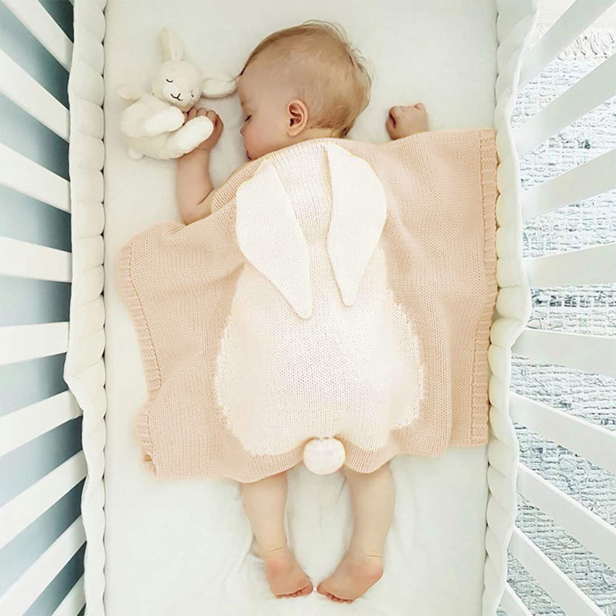 Surplex Baby Strickdecke, Kinderwagen im Freien Kinderdecke Krabbeldecke, Kuschelige Wolldecke Babydecke Gestrickt mit Zuckersüßem Häschen Motiv Für Jungen und Mädchen, 75 * 105cm, Maschinenwaschbar