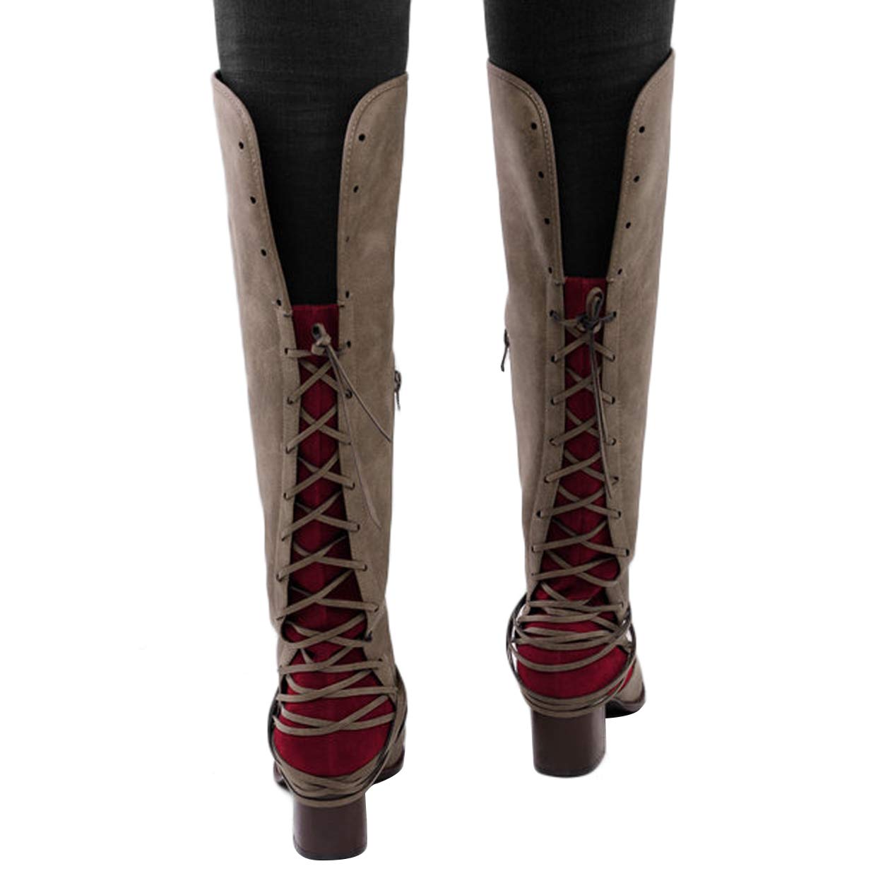 Susanny Women\'s Wide Calf Knee High Boots Low Chunky Heel Shoes Fashion Zipper Strappy Retro Riding Boot Taupe 10.5 B (M) US