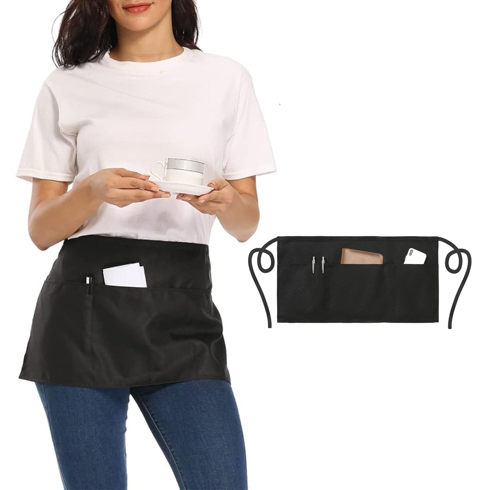 Gaf Nuncew Waitress Apron, Waist Half Apron with 3 Pockets - Black Professional Bistro Server Bib for Bartenders, Cafe & Restaurant Staff