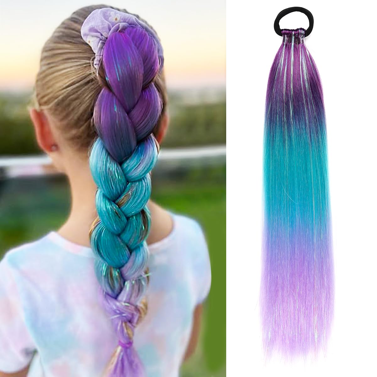 Rainbow Ponytail Extensions With Hair Tie 1 Packs 80g/Pack Coloured Hair Extensions for Braiding 18 inch Colorful Ombre Mermaid Pony Tail Synthetic Hair Extensions for Girl Women XX38 โ image 1