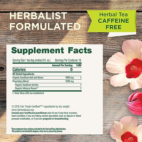 TRADITIONAL MEDICINALS TEA, ORGANIC HAWTHORN & HIBISCUS – PROMOTES HEART HEALTH – KOSHER, NON-GMO, CAFFEINE-FREE – 16 TEA BAGS