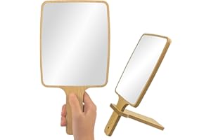 Neehows Hand Mirror with Handle and Support Stand, 6.26" x 11.5"(15.9cm x 29.2cm) Natural Bamboo Handheld Mirror, Single-Side