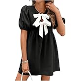 SweatyRocks Women's Bow Puff Short Sleeve Dress Tie Front A Line Babydoll Dresses