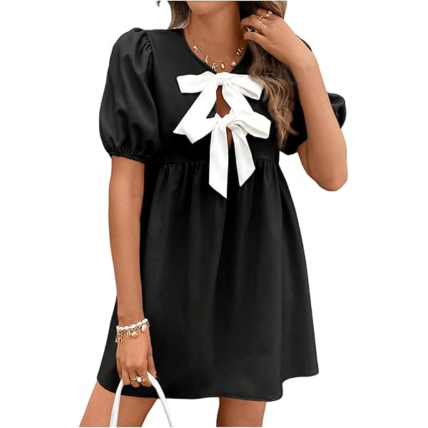 Mini Dress Tie Neck Lantern Sleeve Smock Dress Women's Casual Black at Amazon Women's Clothing store Mini Dress Tie Neck Lantern Sleeve Smock Dress Women's Casual Black at Amazon Women's Clothing store