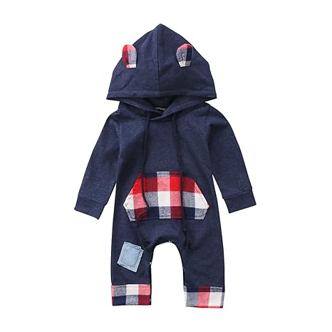 Minasan 0-24 Monat Neugeborenes Baby Unisex Lange Ärmel Plaid Kapuze Spielanzug Jumpsuit Säugling Taste Open-Sitz Overalls St