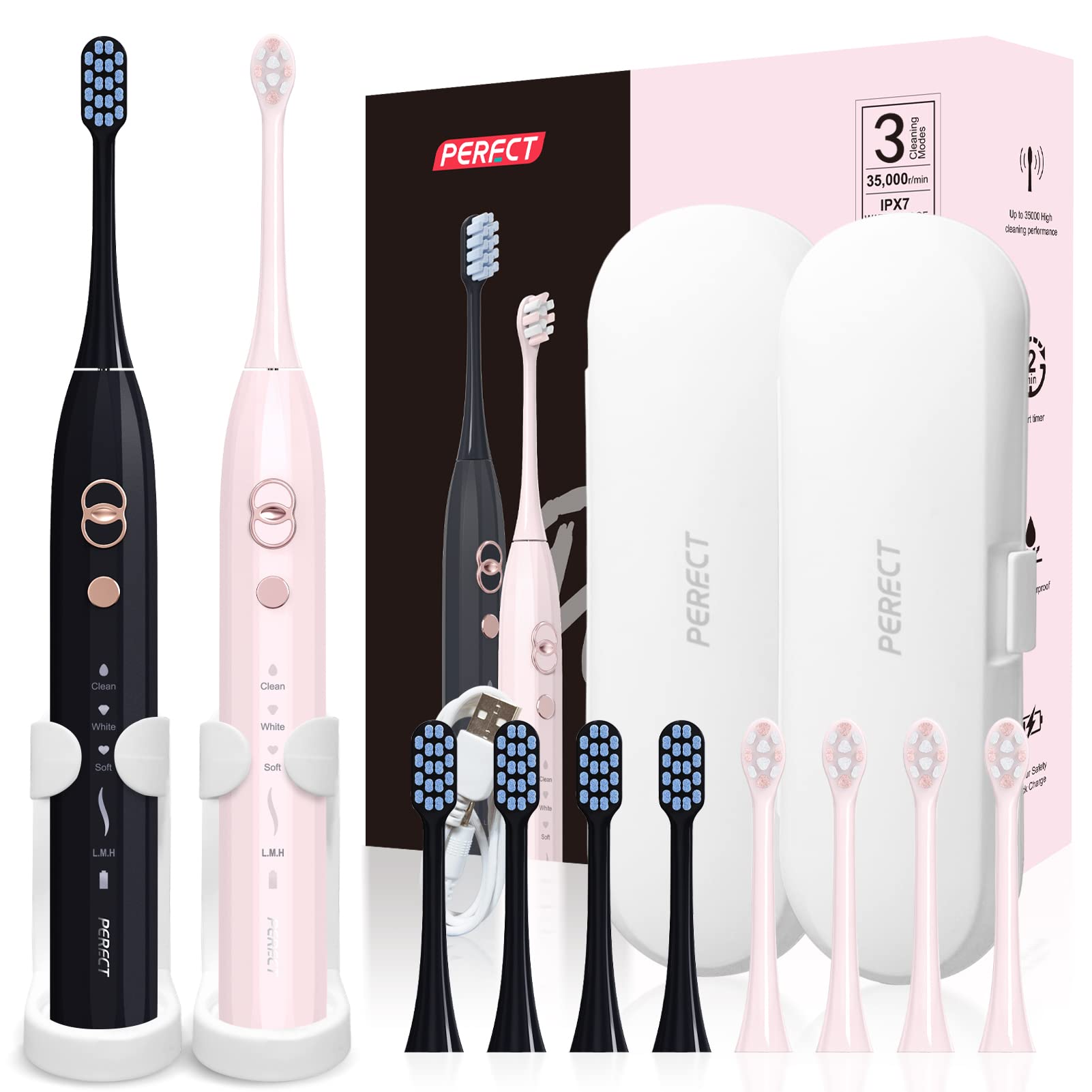 PERECT Sonic Electric Toothbrush for Adults, Electric Toothbrush with 8 Replacement Brush Heads, Black&Pink